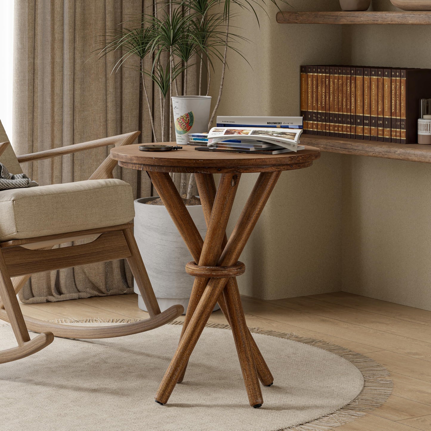 COZAYH Round Wood End Table Farmhouse Wooden Side Table Rustic Plant Stand with Bundled Legs for Living Room, Office, Walnut