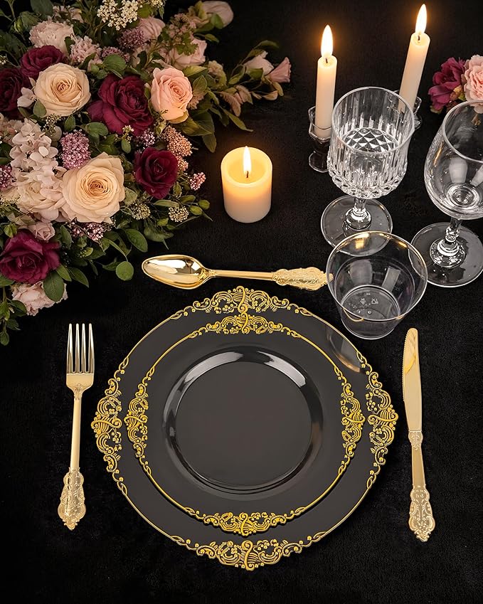 Nervure 100PCS Black and Gold Plastic Plates - 10.25Inch Black Disposable Plates - Black Plastic Dinner Plates for Wedding & Party