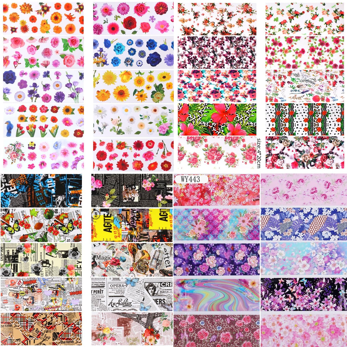 GZMAYUEN 100 Sheets Nail Foil Transfer Sheets, 4 * 20CM Flower Lattice Leopard Print Nail Foil Transfer Sticker Kit, 1 Pcs Nail Art Engraving Pen Silicone Pen