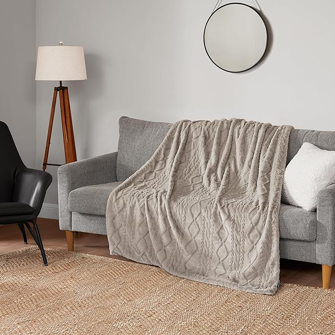 Lucky Brand Embossed Cable Rabbit Faux Fur Throw Blanket - Tan - 50"X70" - Plush & Soft