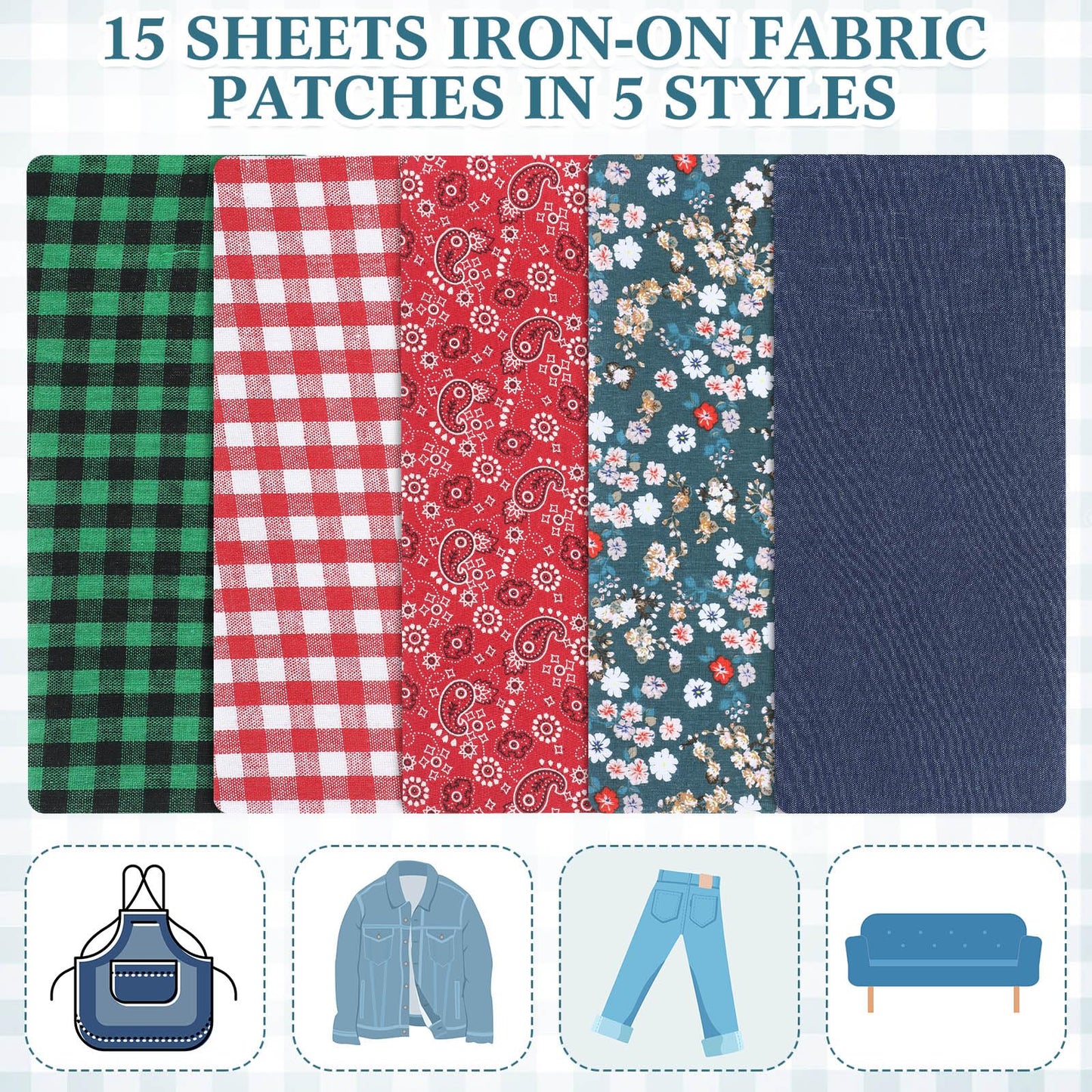 Syhood 15 Sheets Iron-on Patches Mending Fabric 4.92 x 11 Inch Iron on Clothes Patches on Repair Kit for Mending Fix Couch Pants Pockets Holes Knees Elbow(Cute)