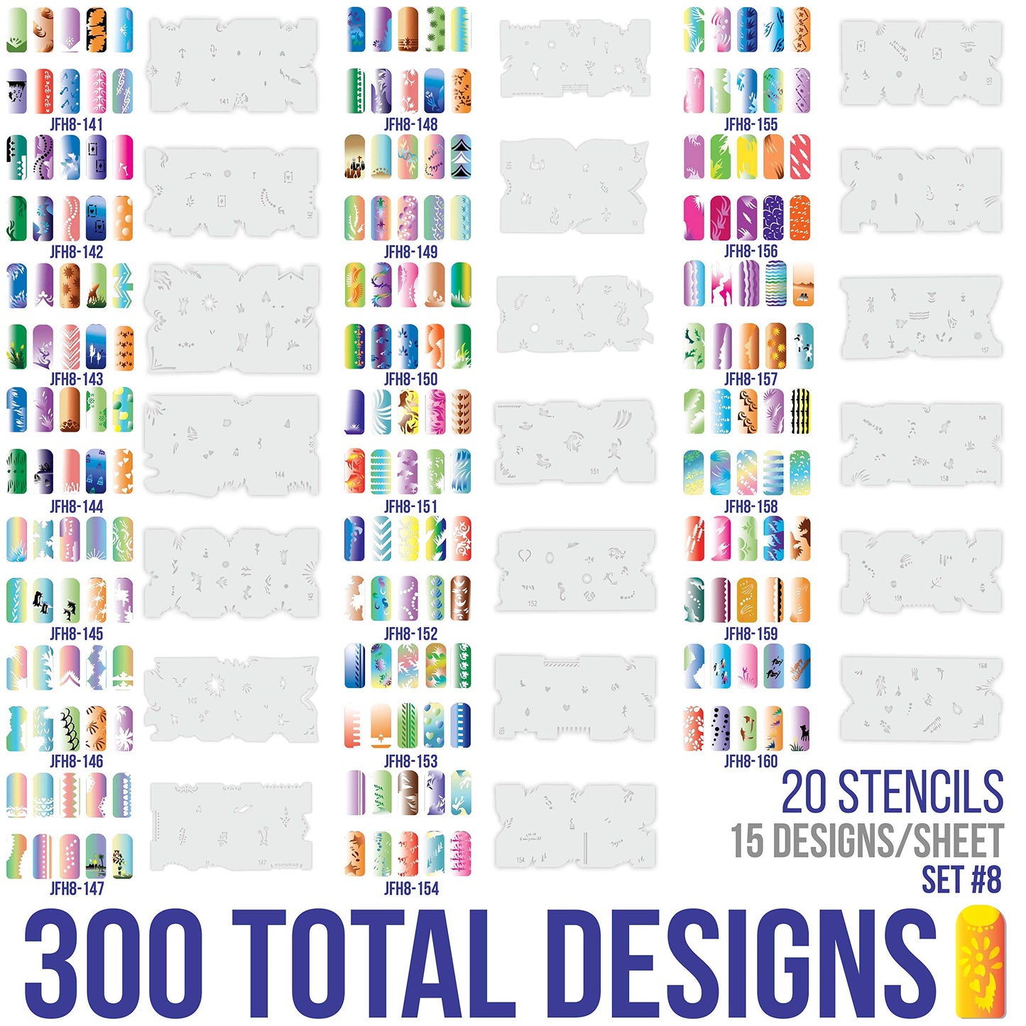 Custom Body Art Airbrush Nail Stencils - Nail Art Stencils Set #8: 320 Unique Designs from 20 Individual Templates