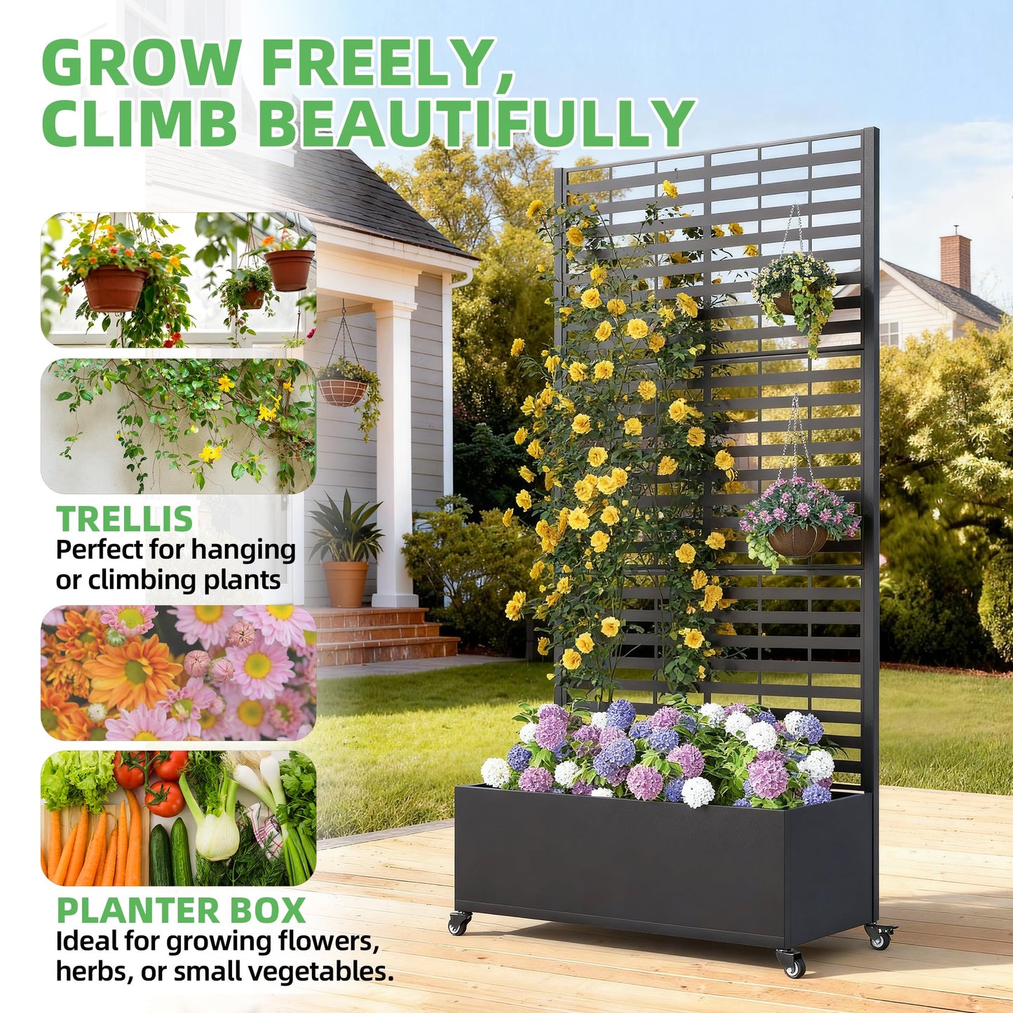 UPHYB Metal Planter Box with Trellis, 73"x 35"x 16" Raised Garden Bed with Wheels and Drainage Holes, Planter with Trellis for Garden, Balcony and Patio, Black Louvered