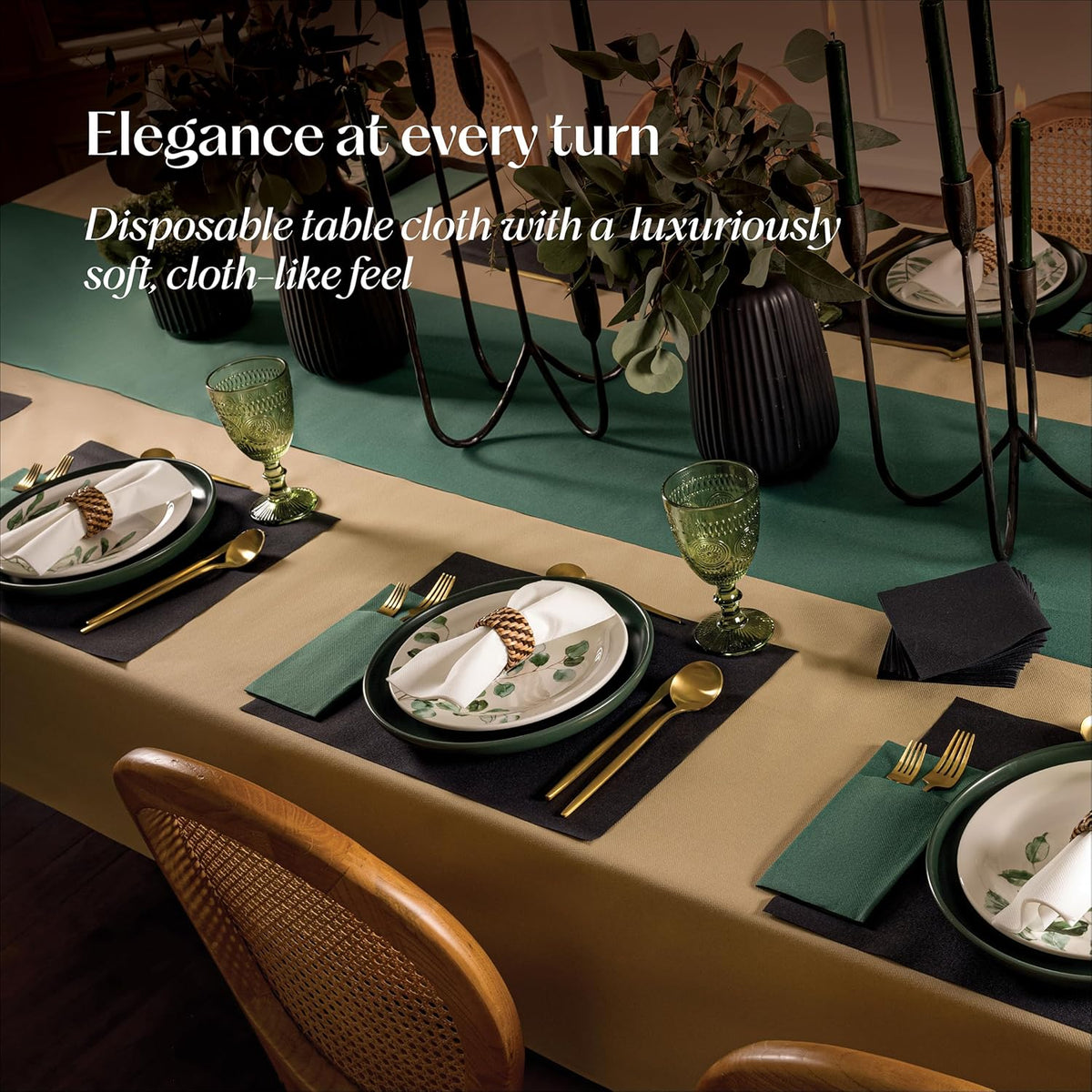 Disposable Tablecloth for Rectangle Table, Linen-Like Green Paper Tablecover for Christmas, Dining Table, Party, Wedding Or Event, 55" W x 80 ft L