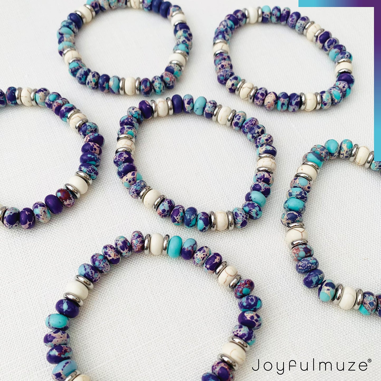Joyfulmuze Purple and Blue Beaded Bracelets For Women, Emperor Turquoise and White Lava Marble Stone, Handmade Stretchable Multi Color Unisex Gift (Purple-Emperor+White-Marble-Lava)
