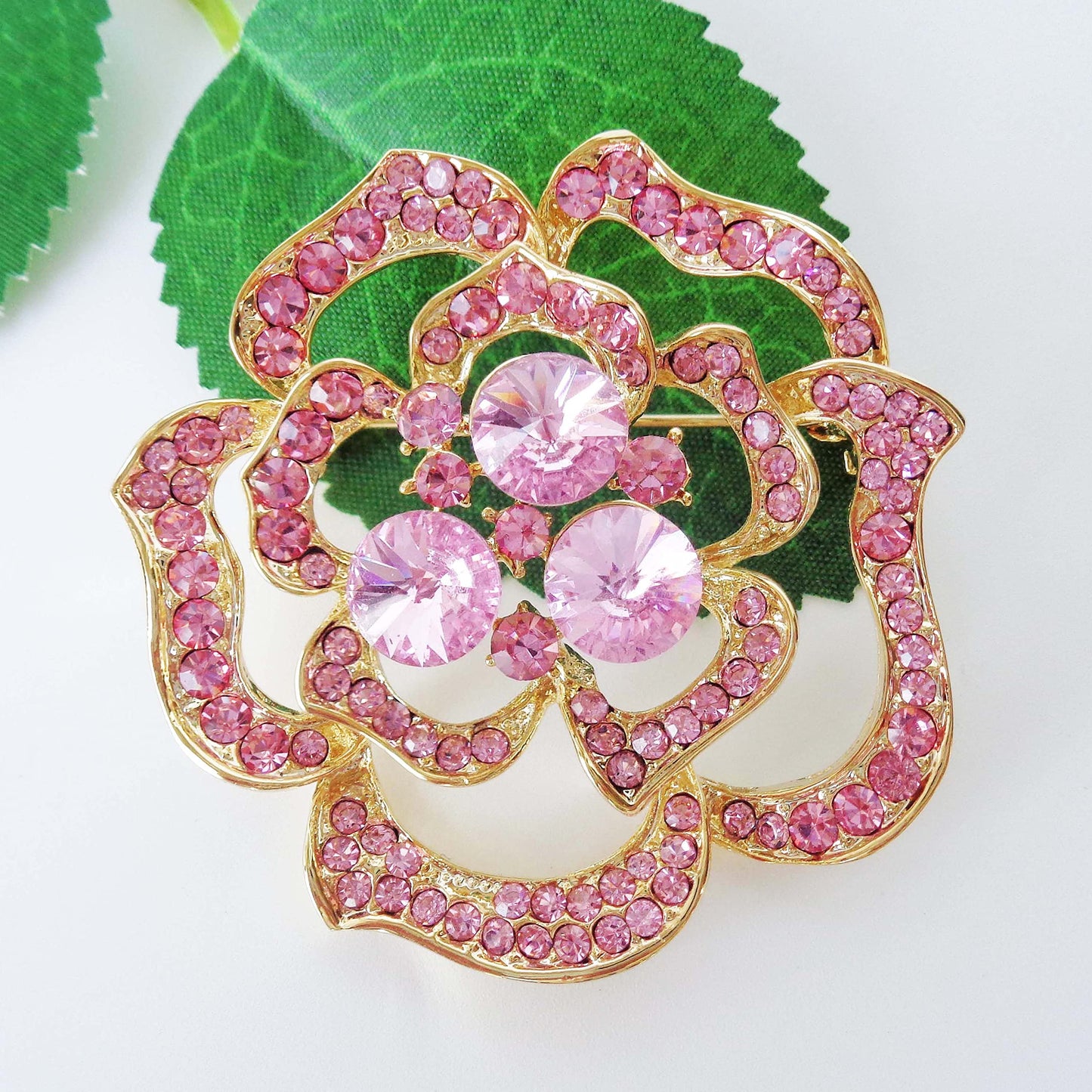 Navachi 18k Gold Plated Pink Crystal Blooming Rose Flower Az7435b Brooch pins