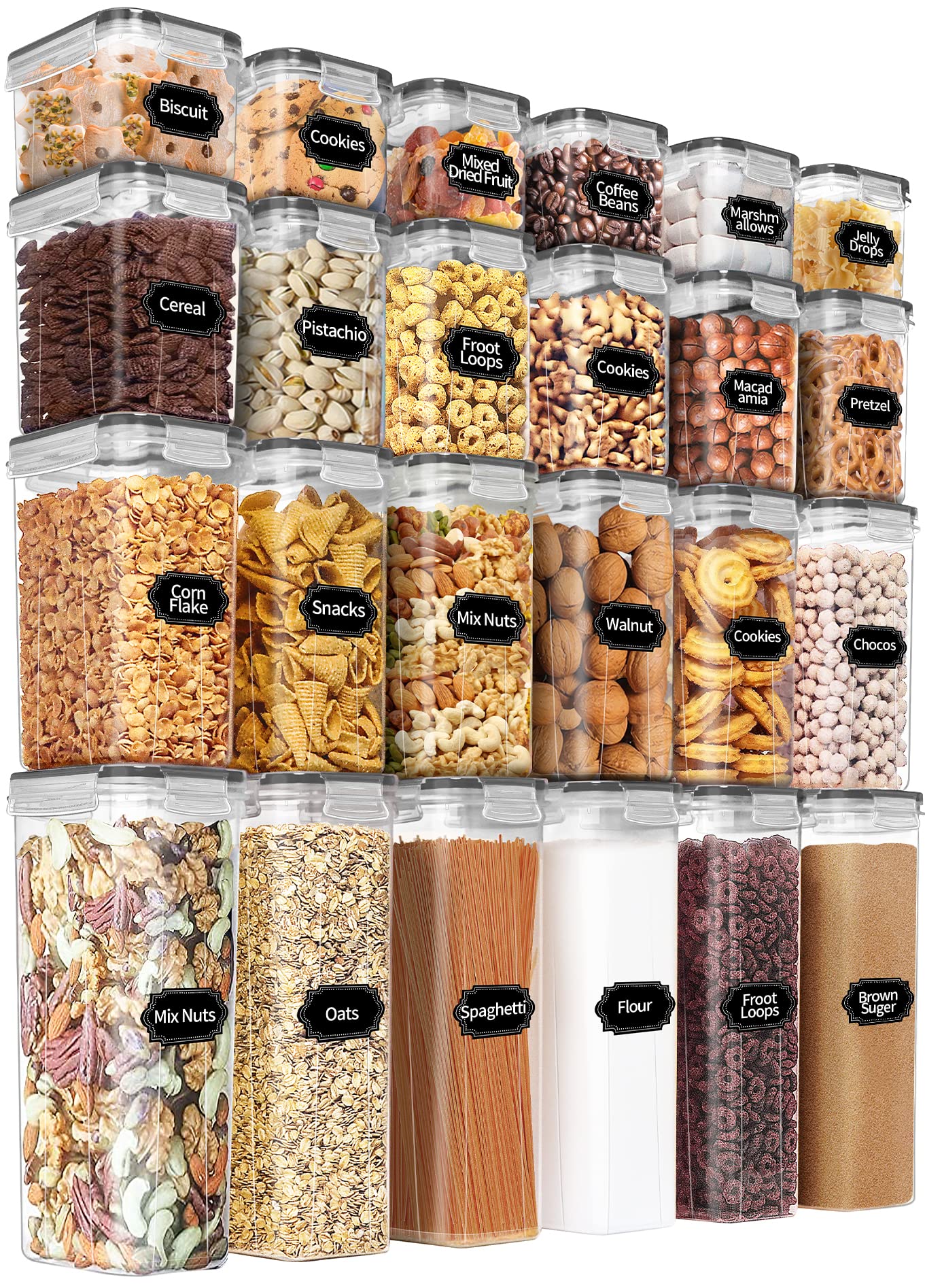 PRAKI Airtight Food Storage Containers Set with Lids - 24 PCS, BPA Free Kitchen and Pantry Organization, Plastic Leak-proof Canisters for Cereal Flour & Sugar - Labels & Marker(Grey)