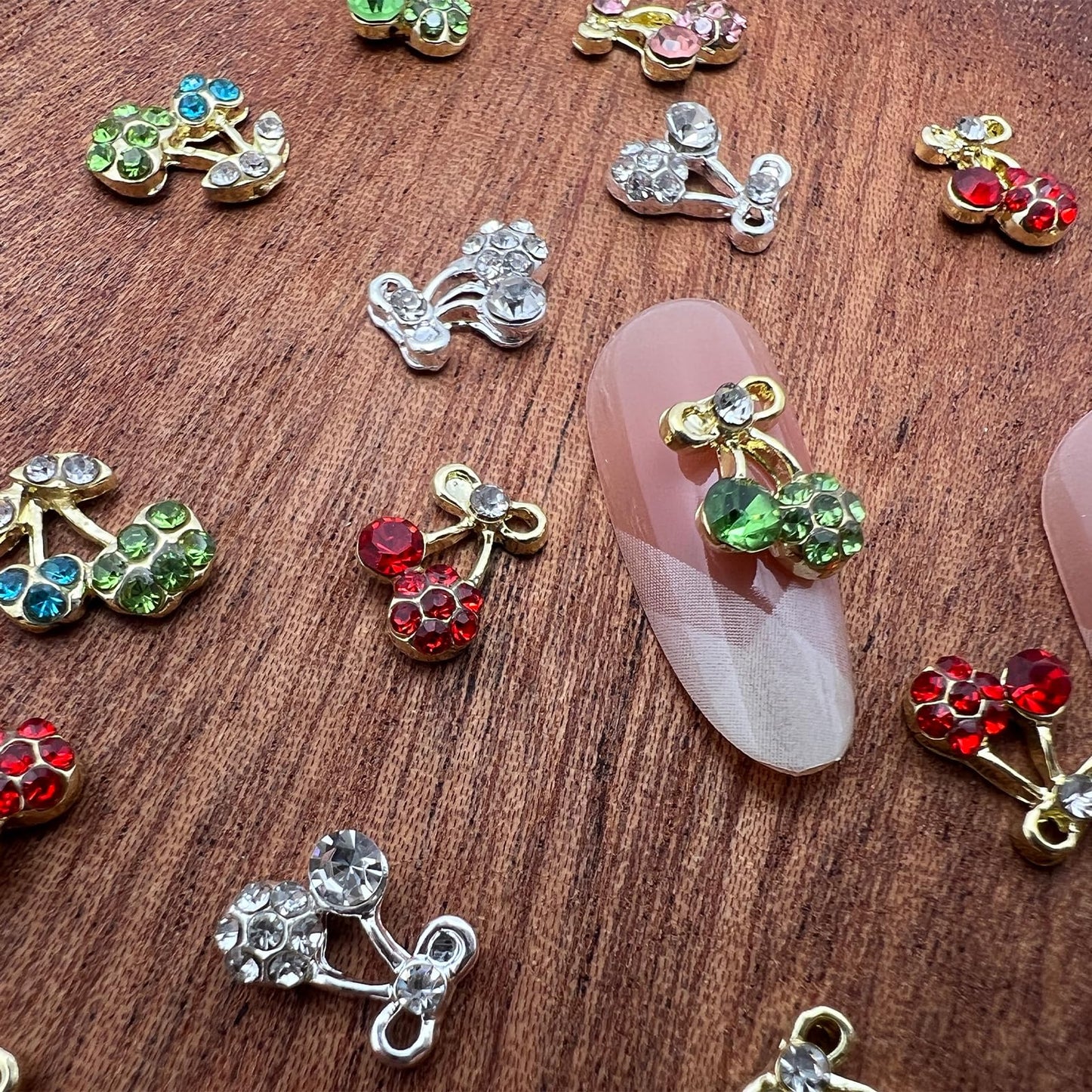 Pizadix 30PCS Cherry Nail Charms Set, 6 Styles (5 Each), Gold/Silver Alloy Rhinestone Fruit Designs, 6-Grid Organizer Box, for Gel, Acrylic & Press-On Nails