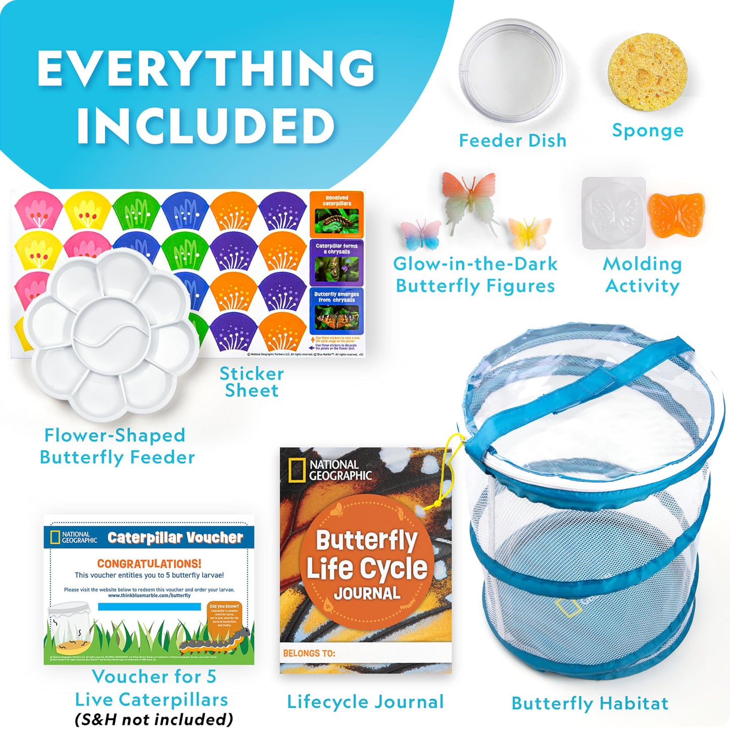 National Geographic Butterfly Growing & Bug Catcher Kit - Butterfly Habitat Kit with Voucher for 5 Caterpillars (S&H Not Included) & Bug Habitat with Magnified Viewers, Bug Catcher & More