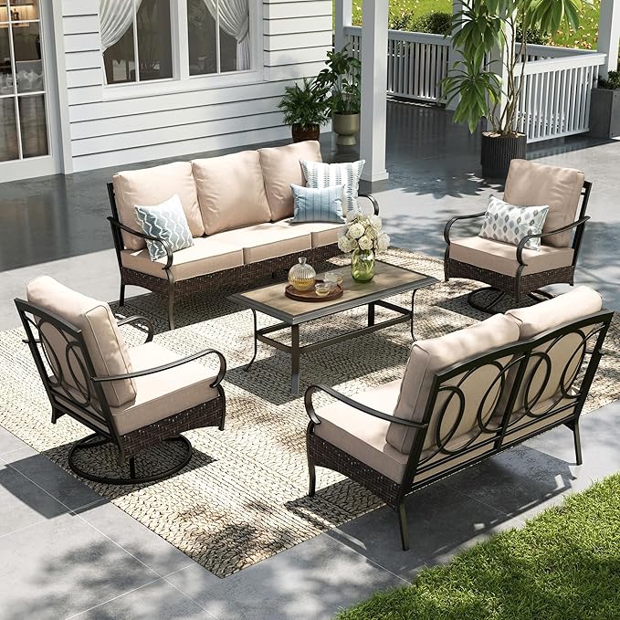 Sophia & William Metal Patio Furniture Set, 7 Seats Outdoor Conversation Set with 3-Seater Sofa, 2 Swivel Chairs, 1 Loveseat, 1 Coffee Table for Seating, Lawn Porch Backyard,Beige