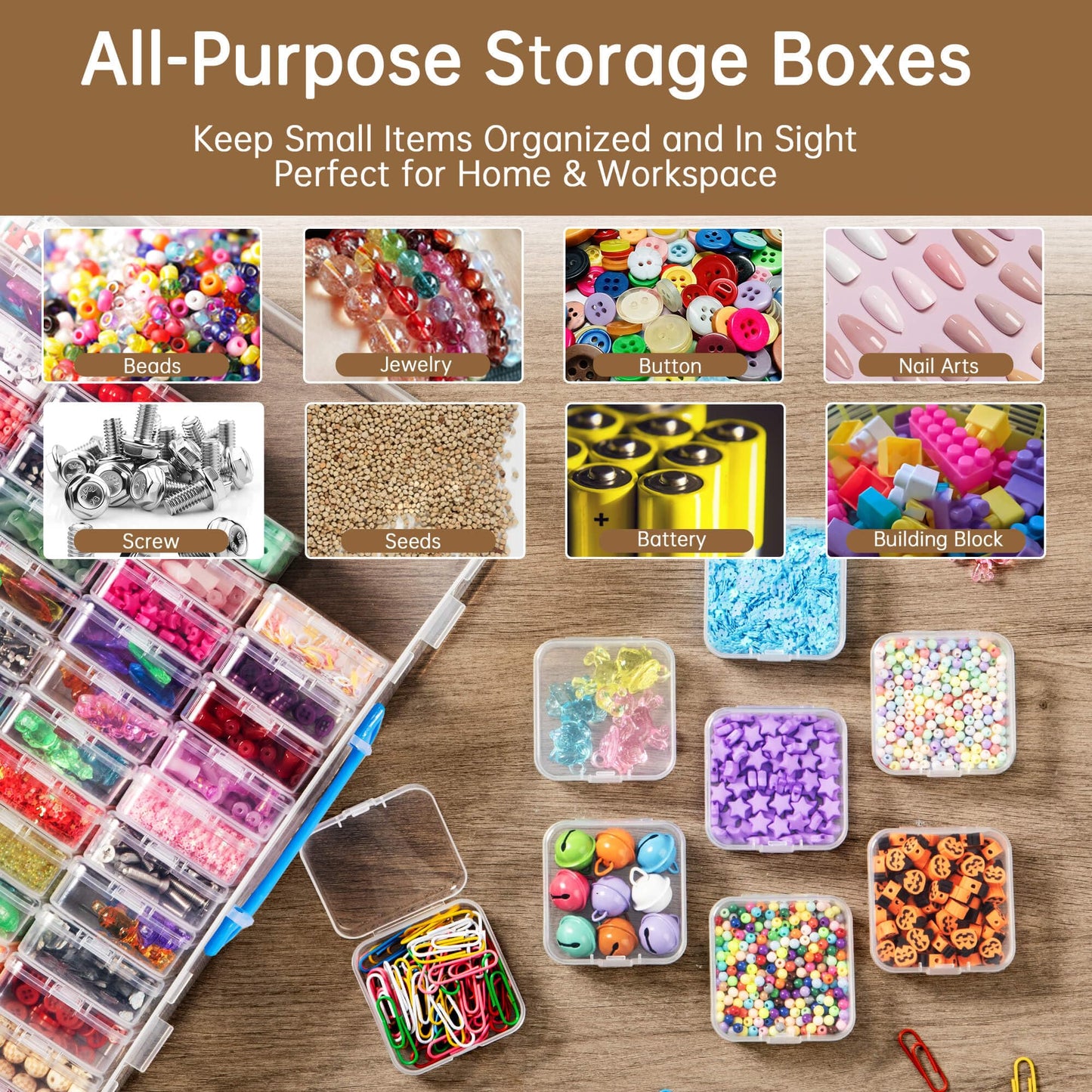 Bead Organizer Box with Handle, 61Pcs Small Bead Storage Boxes with Hinged Lid and Portable Craft Case, Mini Clear Plastic Container for Jewelry Making Supplies Bracelet Screws Seeds Nails Small Parts