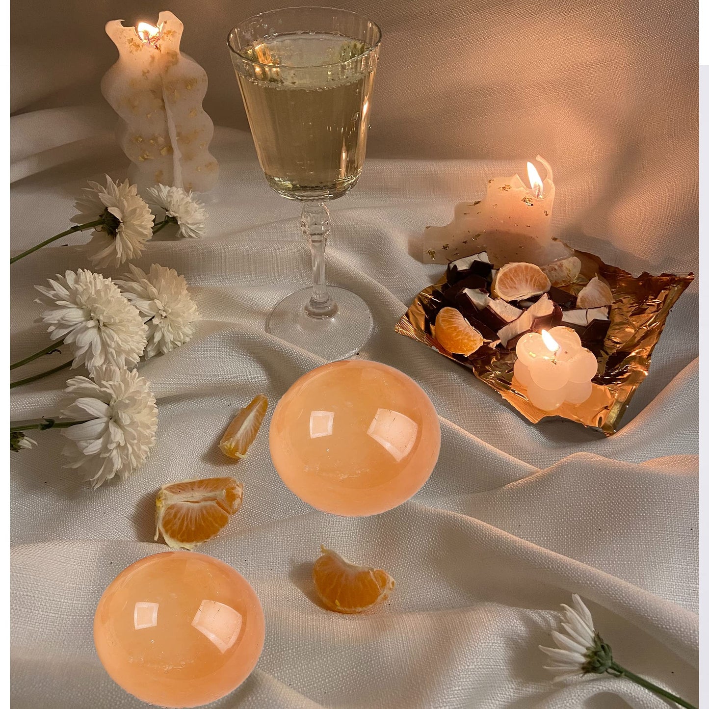JIC Gem 2inch Natural Orange Calcite Healing Quartz Crystal Sphere Gemstone Ball with Wood Stand for Fengshui Healing and Decoration