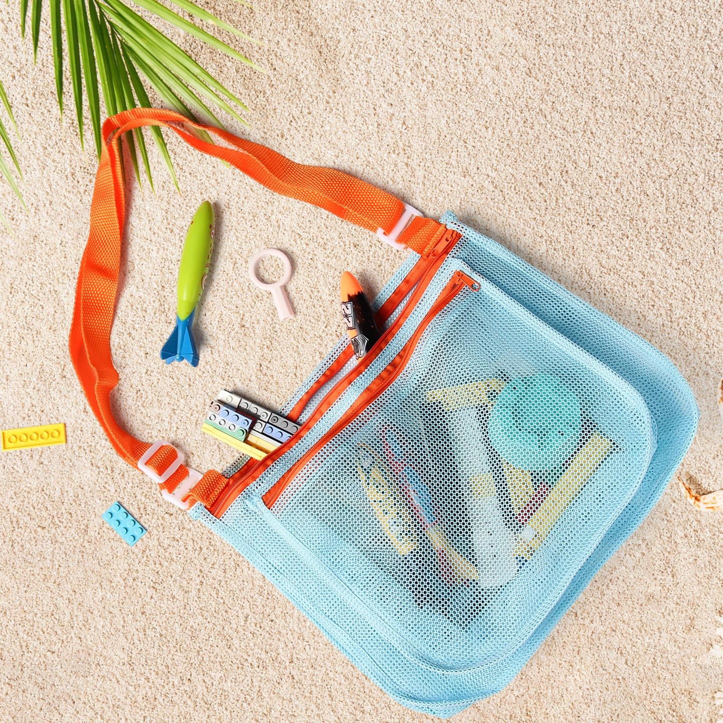 LIDAGO 5 Pcs Sand Toys Beach Set Include 1 Metal Shovel,1 Metal Rake,1 Foldable Beach Bucket & 1 Sand Sifter with 1 Mesh Beach Bag for Shells Collecting