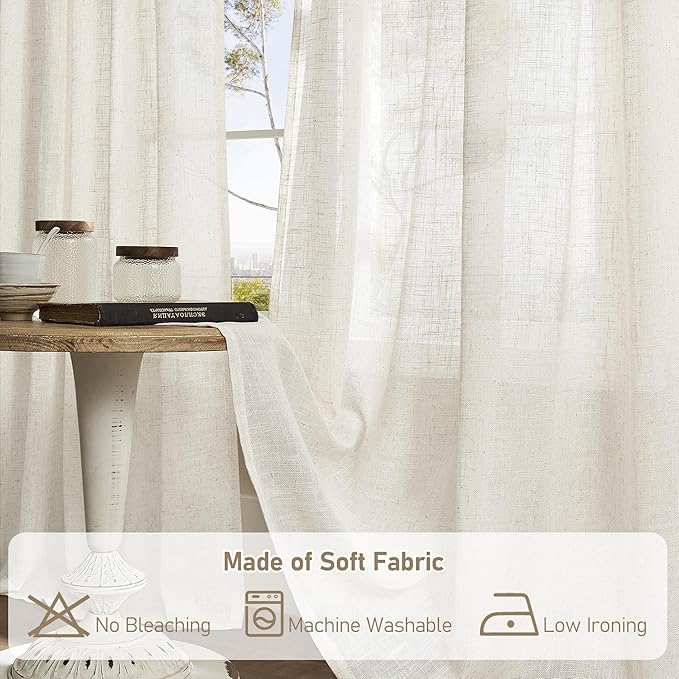 LAMIT Light Filtering Linen Curtains 84 inches Long for Bedroom, Cream Ivory Linen Textured Semi Sheer Back Tab and Rod Pocket Natural Boho Drapes for Living Room, 2 Panels, 42 x 84 Inch