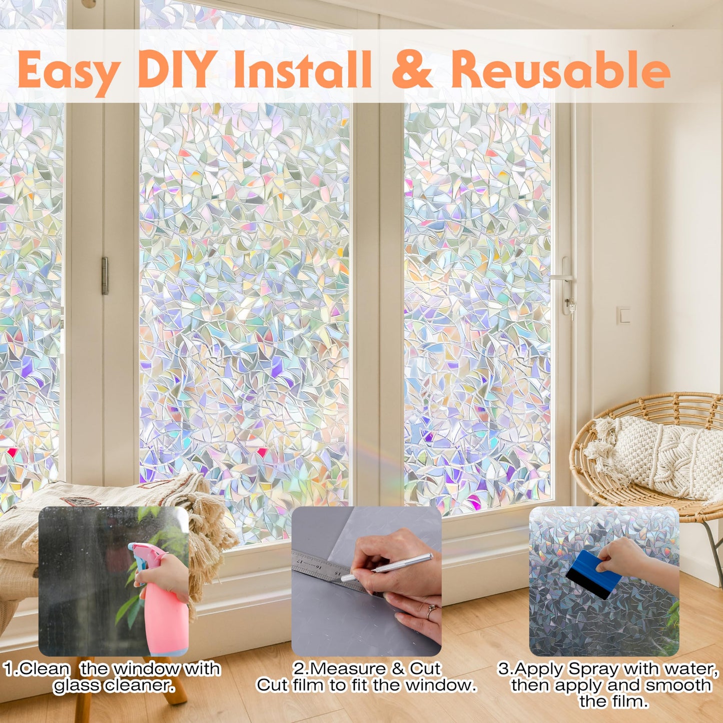Hilarious Rainbow Privacy Window Film, Stained Vinyl 3D Decorative, Removable Decals, Static Cling Tint Film, Static Window Clings for Glass, Non-Adhesive (17.5'' x 197'')