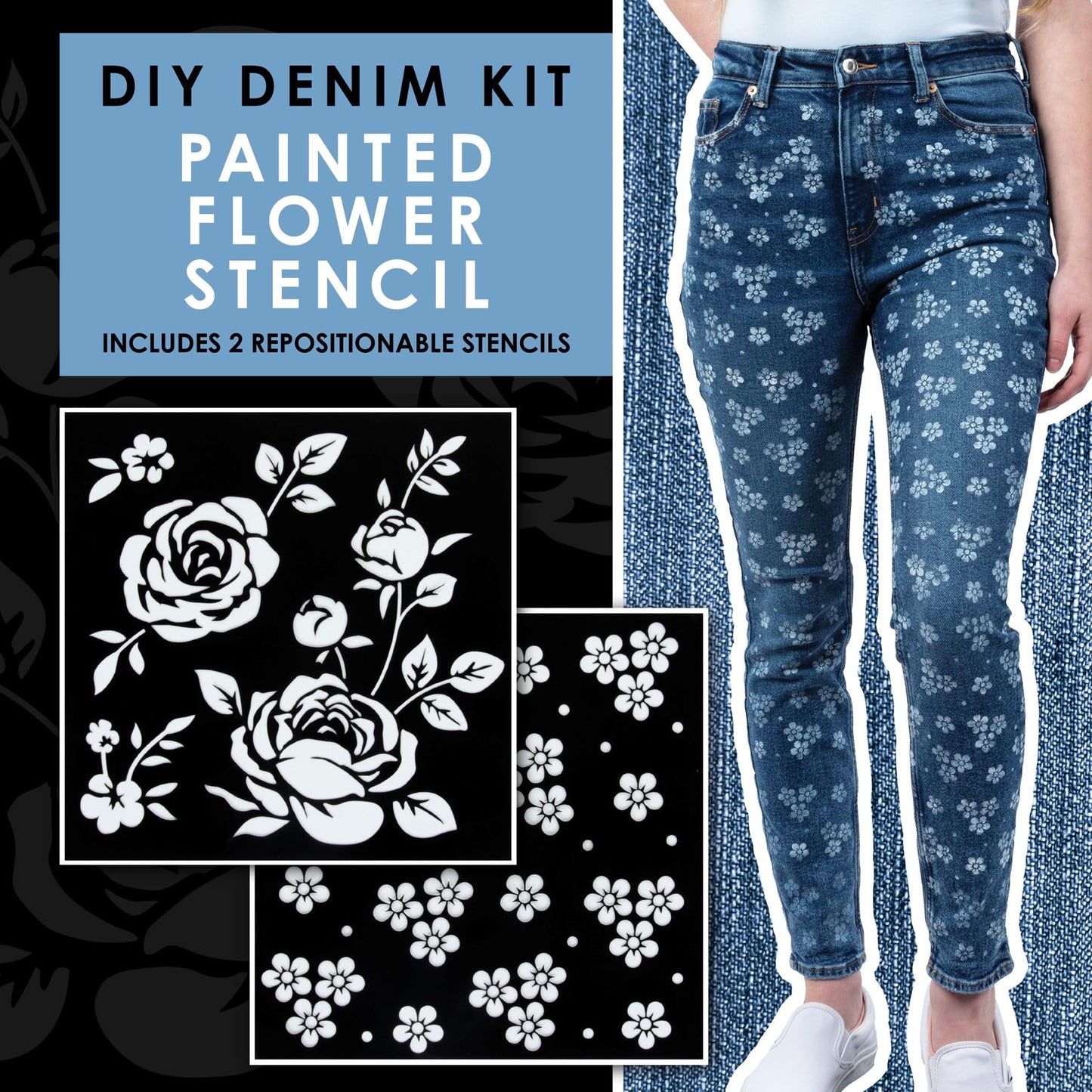 Tulip Denim Paint Stencil Kit, Permanent Paints, Beginner Friendly Craft Kit, Includes Stencils, Pouncers, Brush Tools and Easy Project Guide, 8 Pieces