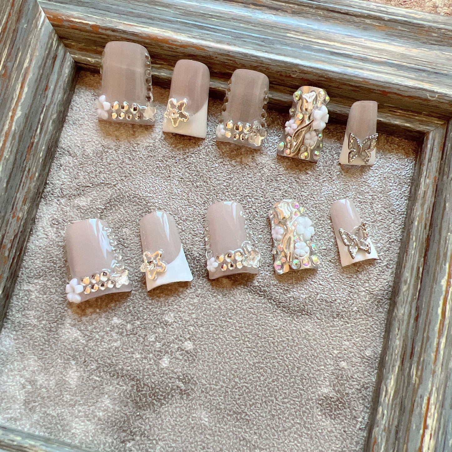 NAIL ANGEL 10PCS/SET Glamorous Handmade Press On Nails Leopard Prints Butterfly Rhinestones French Style Duck Nails Party Nails Duckbill Artifical Tips ZJ16/17 (ZJ-17, M)
