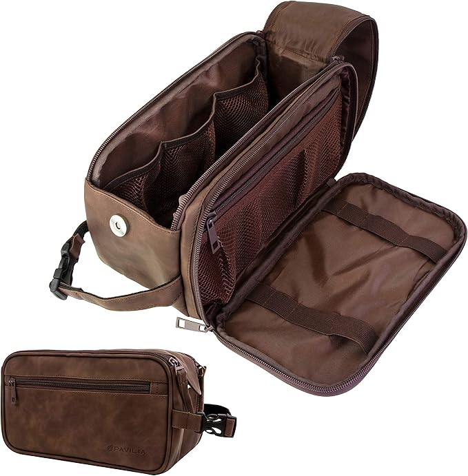 PAVILIA Toiletry Bag for Men, Travel Essentials Shaving Dopp Kit, Mens Travel Bag Toiletries Organizer Case for Grooming, PU Leather Water Resistant Cosmetic Bag Pouch (Dark Brown)