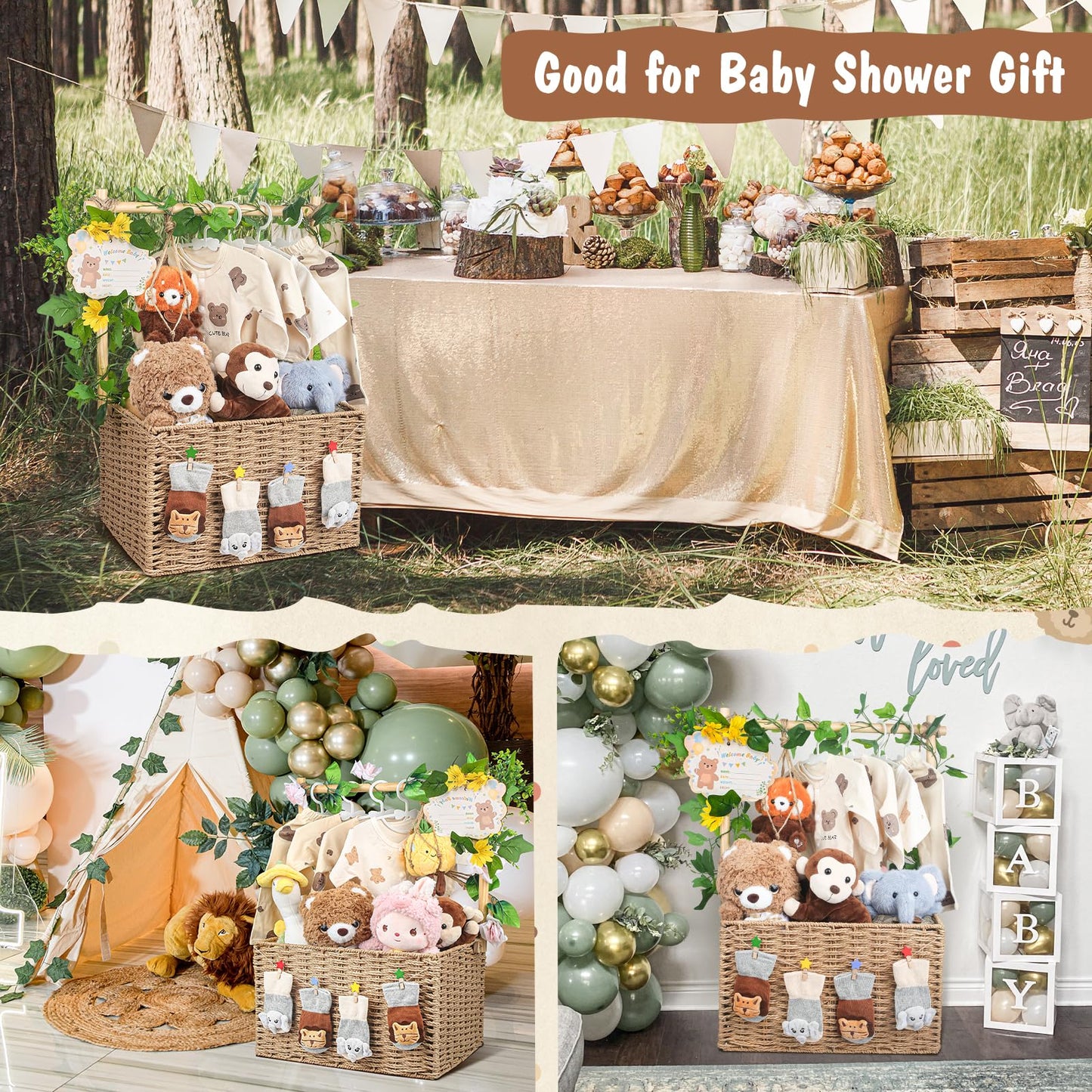 Wisreach Wooden Woven Baby Shower Crate – Foldable Storage Basket with Handles, Handwoven Gift Box for Baby Shower & Newborn Essentials, Welcome Gift for Baby Shower, Newborn Boys Girls