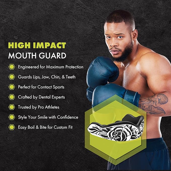 DAMAGE CONTROL High-Impact Mouth Guard – Sports Mouthguard for Boxing, Football, Hockey, Lacrosse & Basketball, Protects Teeth & Jaw, Protective Mouthpiece for Adults & Youth (Women, Blackarts 2.0)