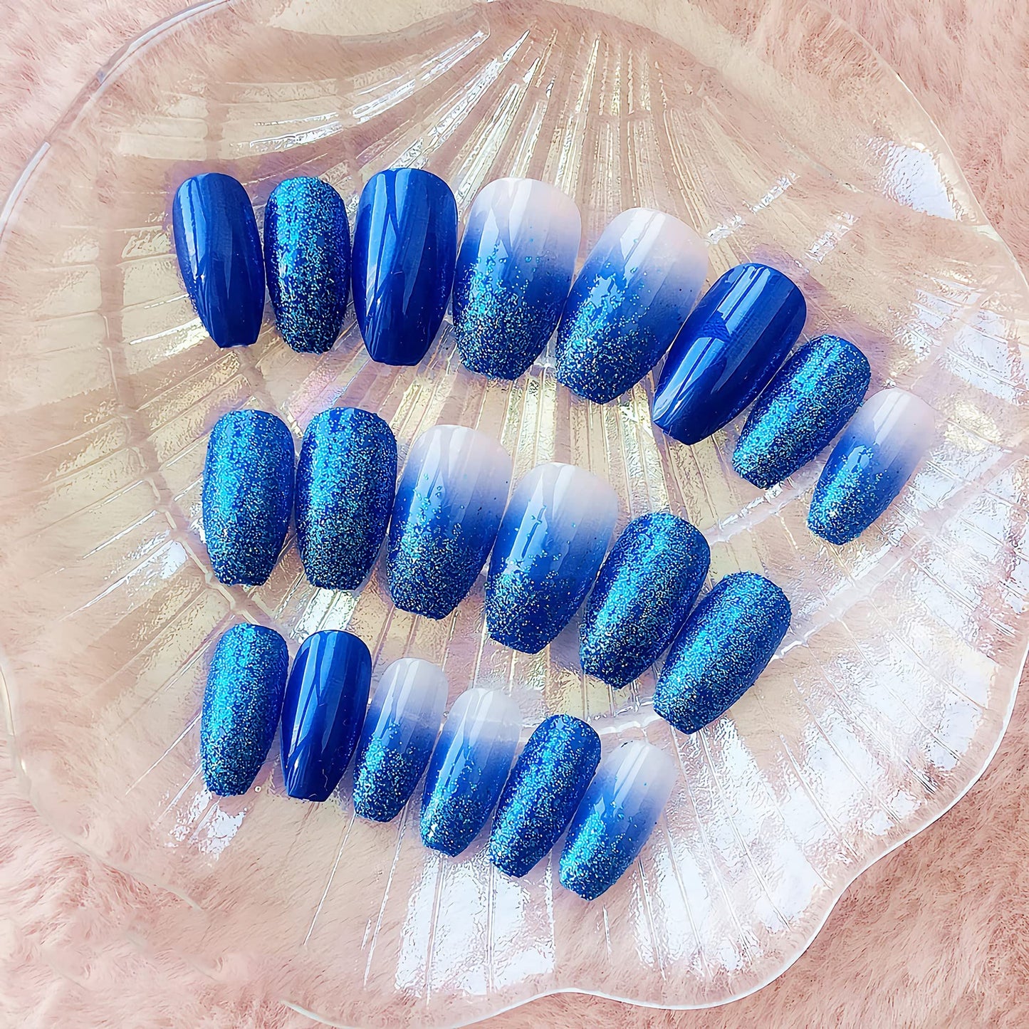 MISUD Press on Nails - Medium Coffin Glue on Nails with Blue Ombre, Acrylic Bling Glitter Design 24 pcs