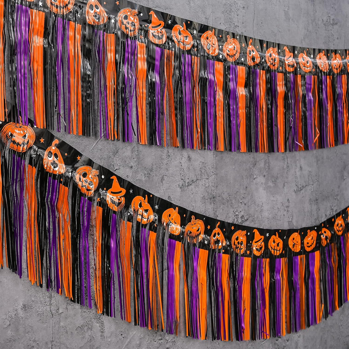 Mega-L Halloween Party Decorations, 2 Packs 39 Feet Foil Fringe Banner Tinsel Streamers, Orange Purple Black Pumpkin Metallic Hanging Backdrop Garland Table Skirts for Indoor House Car Parade Floats
