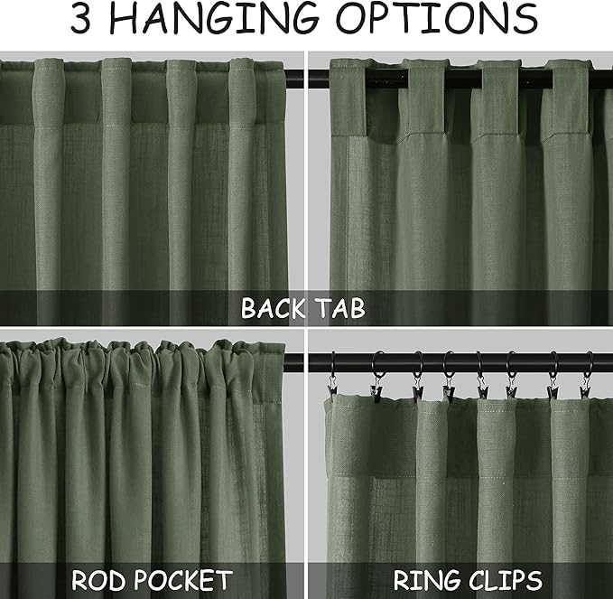 Nanspring Olive Green Linen Blend Semi Sheer Curtains 108 Inches Long by 70 Inches Wide, 2 Panel Set Back Tab Privacy Filtered and Breathable Extended Curtain for Bedroom Living Room 70x108
