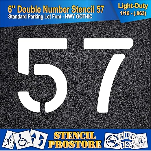 Pavement, Curb, and WheelStop Stencils - 6 inch Double Number Stencil - (57) - 6" x 9" x 1/16" (63 mil) - Light-Duty