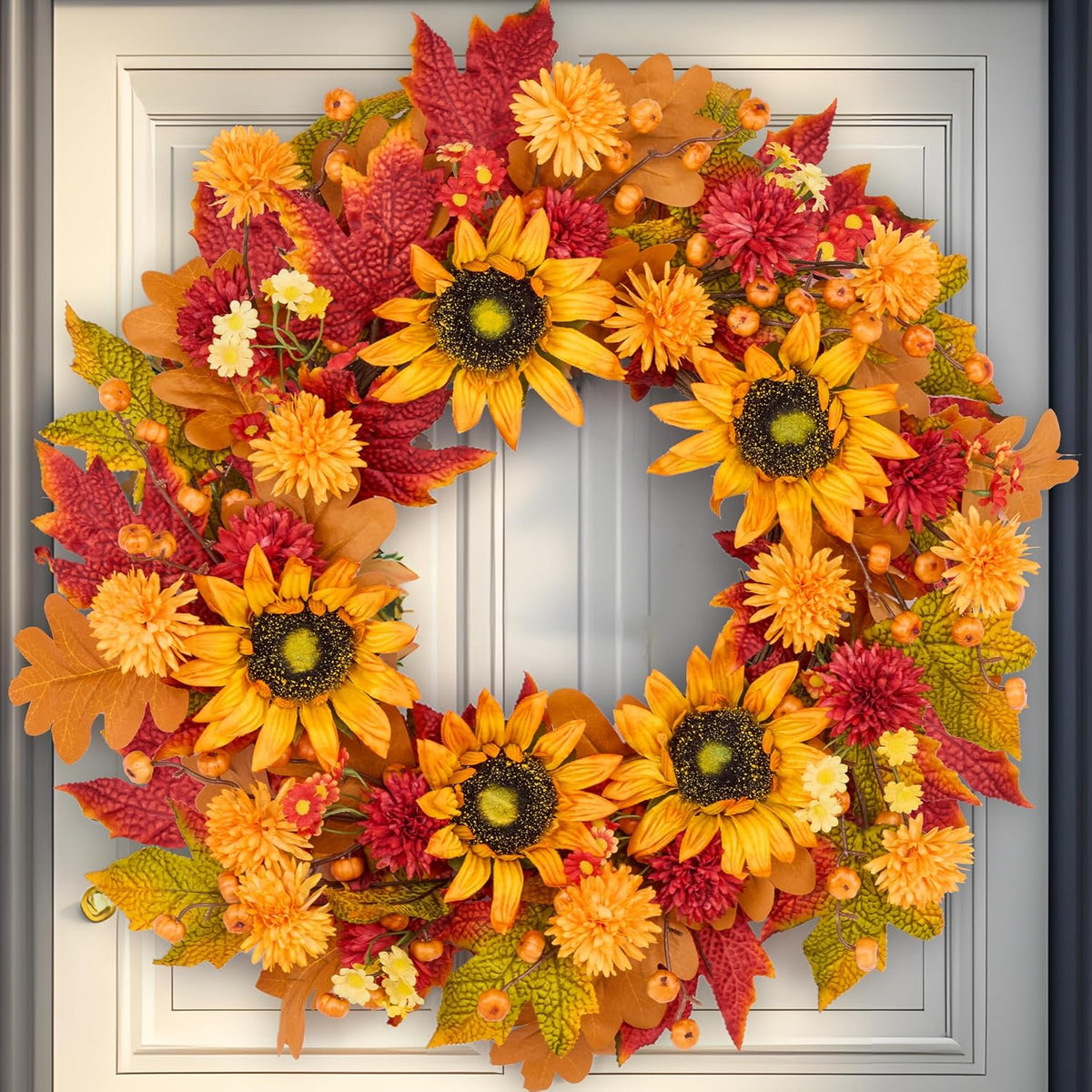 GENMOUS 24 Inch Fall Wreaths for Front Door, with Mini Pumpkin Skewers- Sunflower Wreath, Autumn Fall Decor Maple Leaf Daisy Thanksgiving Halloween Home Party Fall Decoration Indoor Oudoor