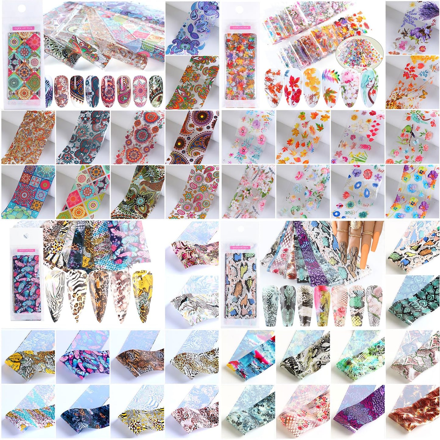 GZMAYUEN 100 Sheets Nail Foil Transfer Sheets, 4 * 20CM Flower Lattice Leopard Print Nail Foil Transfer Sticker Kit, 1 Pcs Nail Art Engraving Pen Silicone Pen