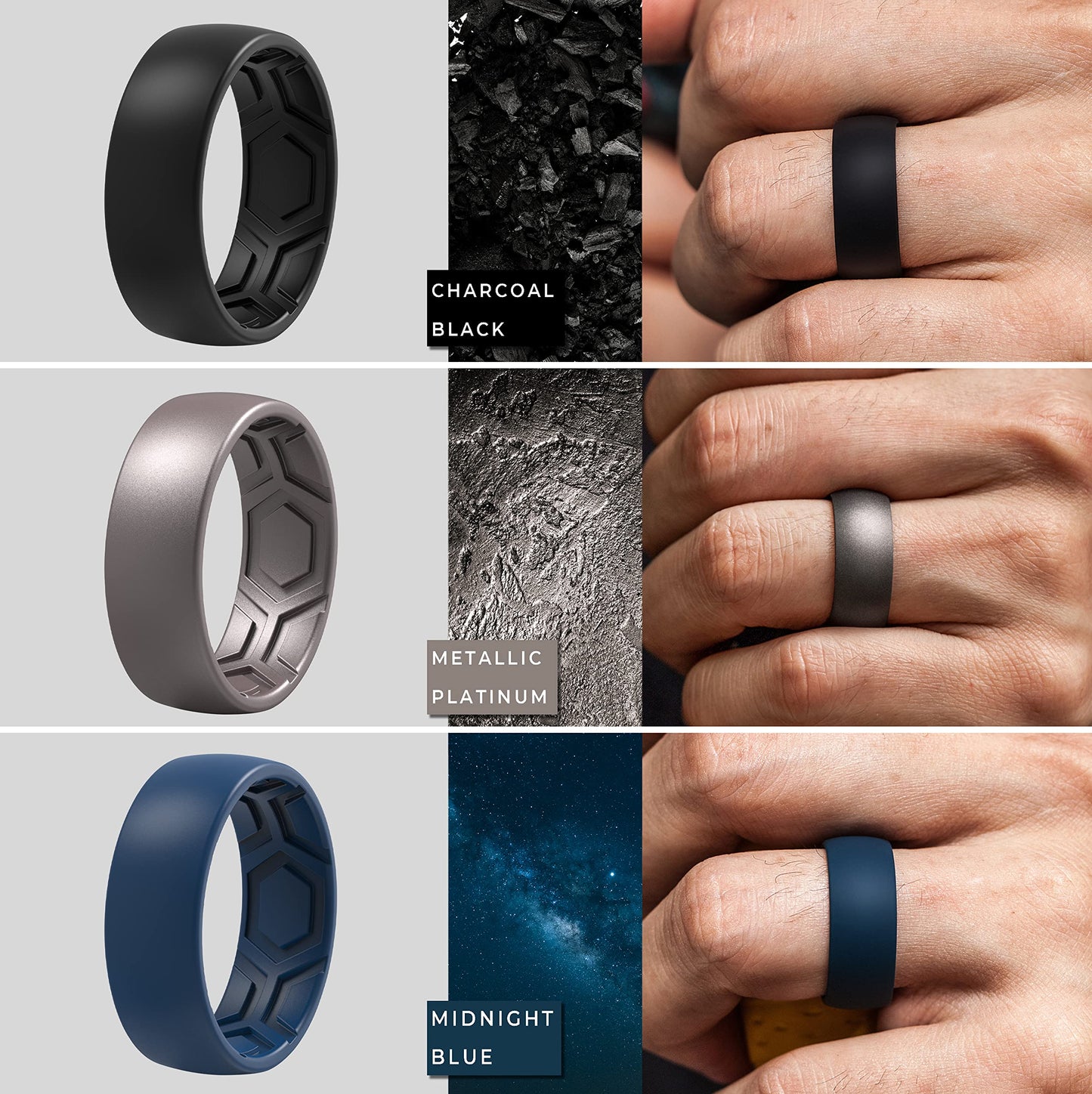 ThunderFit Men's Patterned Silicone Rings, 8mm Wide 2.2mm Thick Rubber Bands,Variety Multipack 1,4,7