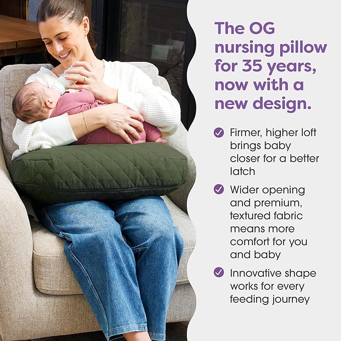 Boppy Nursing Pillow with Luxe Fabric Cover, Quilted Moss, Larger, More Supportive Pillow for Breastfeeding and Bottle Feeding; Firmer and Higher Than Original, w/Premium Cover; JPMA Certified