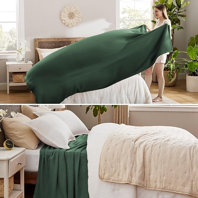 Bedsure 100% Cotton Blanket King Size for Bed - Breathable and Lightweight, Soft Cozy Textured Herringbone Woven Blanket for Summer Spring, Dark Green, 108x90 inches