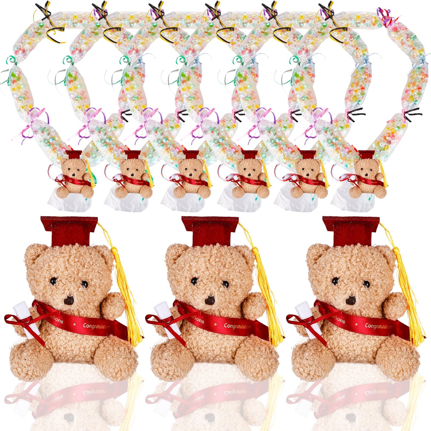 Mikasee 22 Pcs Graduation Candy Lei Making Kit 6 Graduation Lei Bags 6 Mini Graduation Bear Stuffed Graduated Bears 10 Ribbon Wrapping for School Graduation Wreaths (Red Set 1)