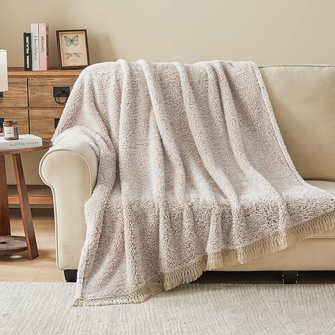 EMME Fuzzy Blanket Soft Fleece Throw Blankets for Women, Fluffy Sherpa Throws((Tassel Khaki,60"x80")