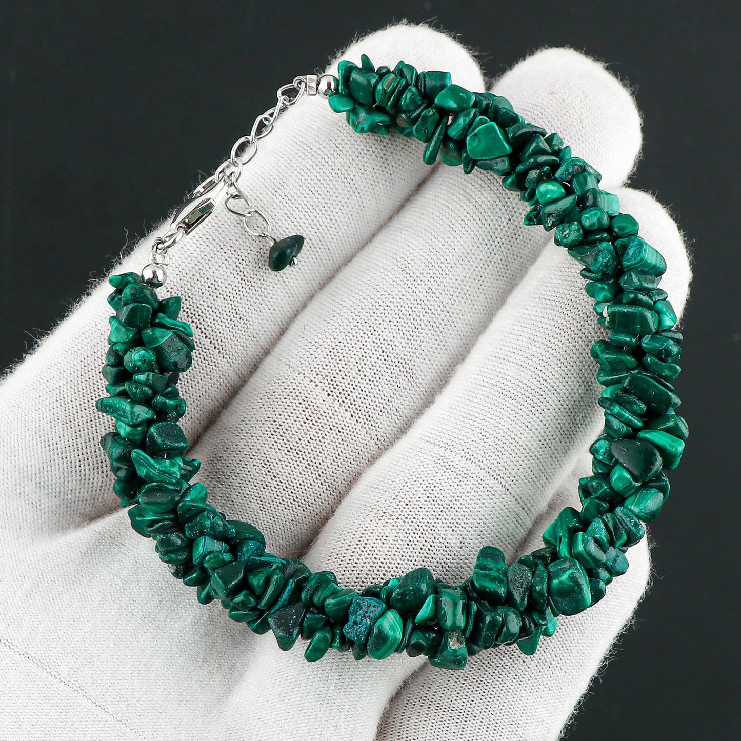 CRYSTALIS Natural Malachite Beads Braided Rope Bracelet, Chips Nuggets Beaded Gemstones, Chakra Healing Stones, Gift Giving Womens Jewelry, 925 Sterling Silver Bracelet 8 inch
