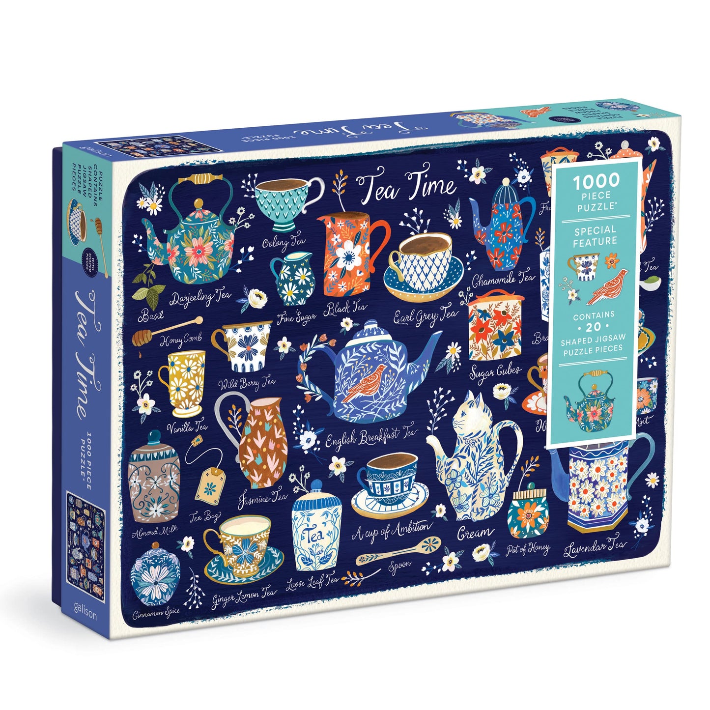 Tea Time 1000 Piece Puzzle with Shaped Pieces from Galison - 27” x 20” Puzzle with 20 Uniquely Shaped Pieces, Colorful Artwork, Thick & Sturdy Pieces, Challenging and Fun Puzzling Activity for Adults