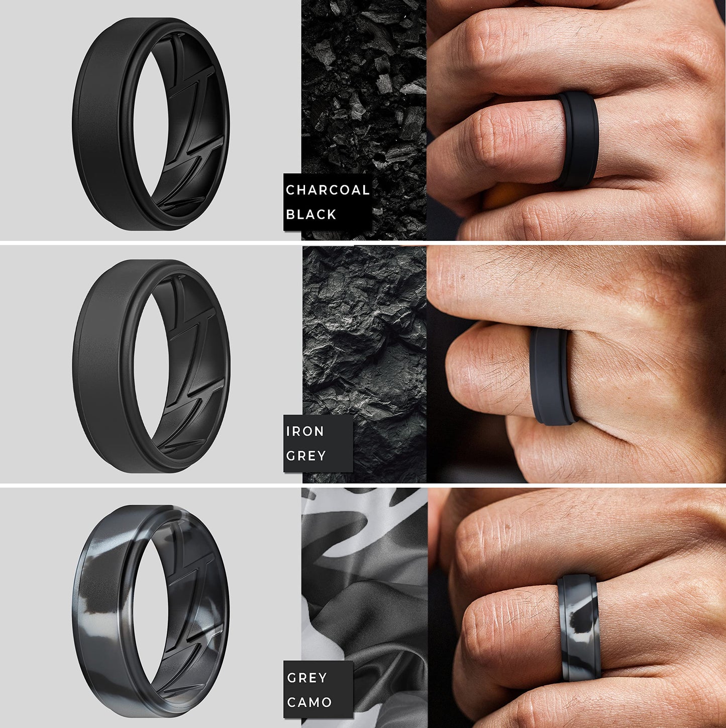 ThunderFit Silicone Wedding Rings for Men Breathable Airflow Inner Grooves, Step Edge Sleek Design Rubber Engagement Bands 8mm Wide 2mm Thick, Variety Multipack 1-7