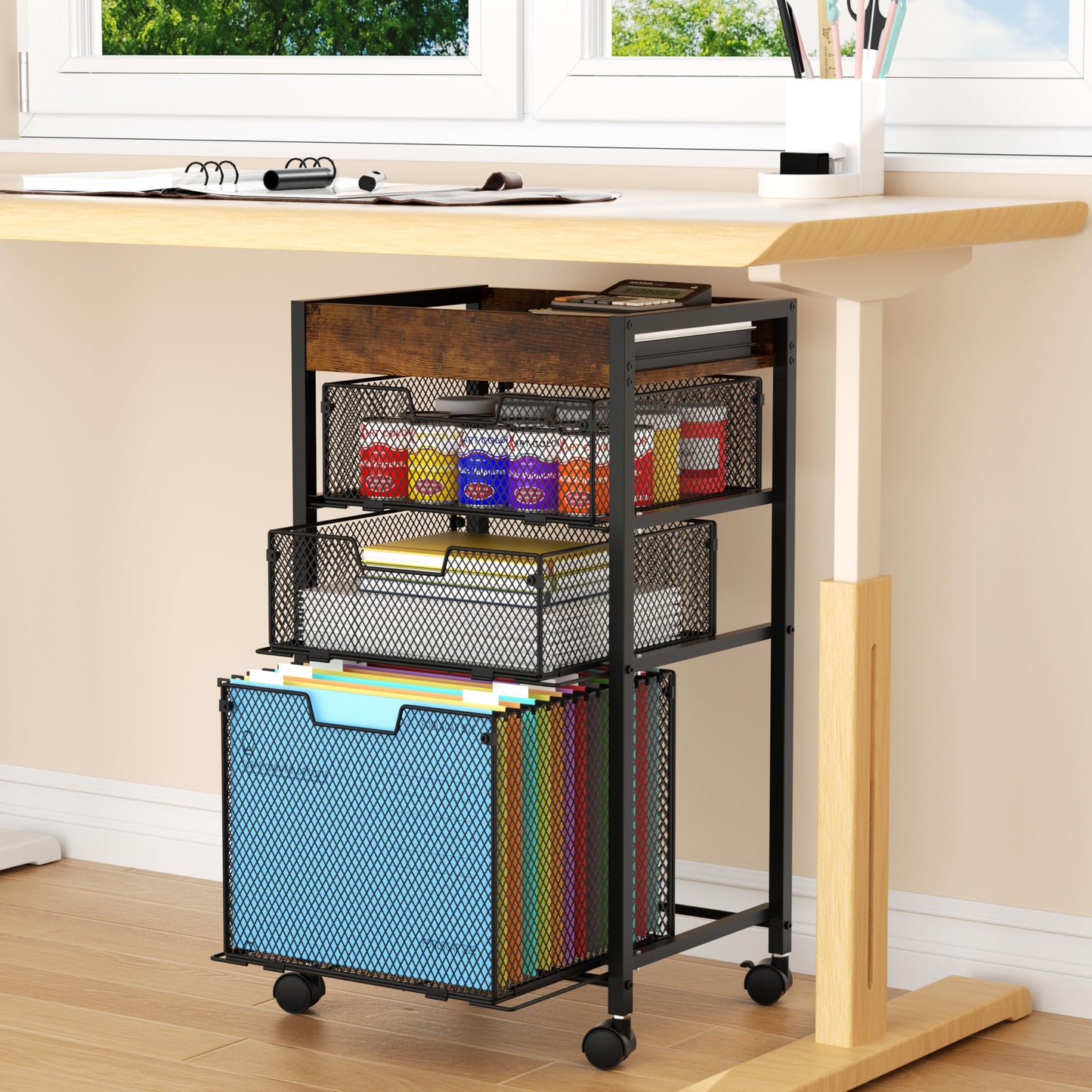 SWTYMIKI Rolling File Cart with Drawers - 4 Tier Under Desk Storage Craft Rolling Organizer Cart - Office Storage &Organization, Mobile Metal Filing Cabinet for Office and Home Espresso