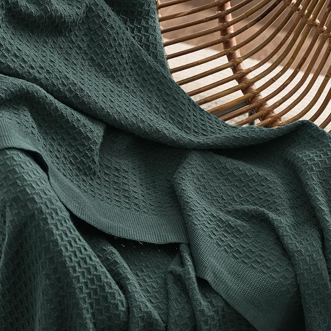 Bedsure 100% Cotton Large Throw Blanket for Couch 50x70 inches - Breathable and Soft, Waffle Weave Throw Blanket for Office, Dark Green