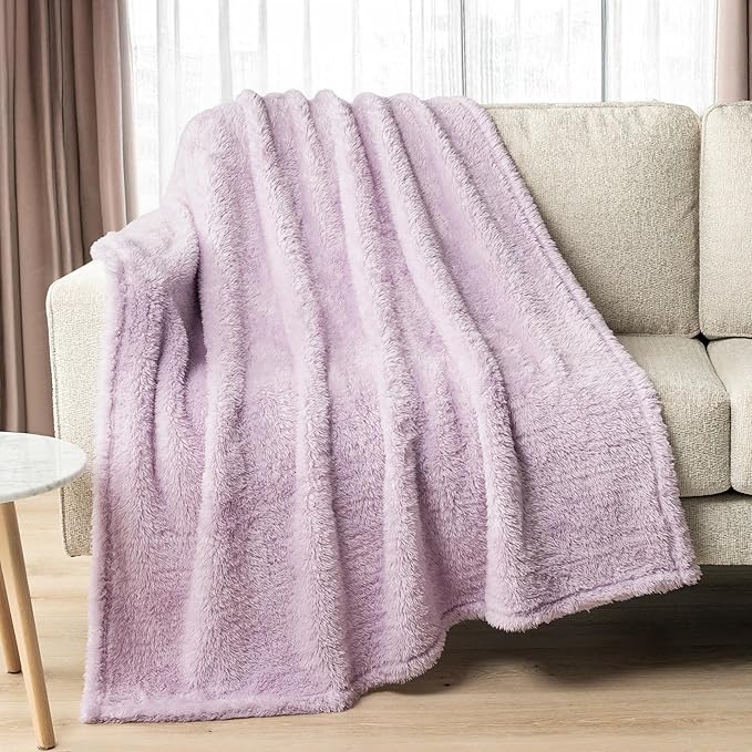 PAVILIA Sherpa Throw Blanket for Couch Sofa, Light Purple Lavender Fluffy Warm Plush Blanket for Bed, Cozy Super Soft Lightweight Throw, Fuzzy Decorative Blanket, All Season Home, 50x60