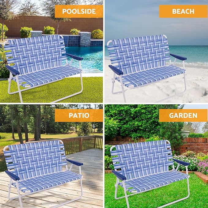 Camp & GO 16" Extended Height Folding Double Wide Web Lawn Chair Loveseat, Blue/White