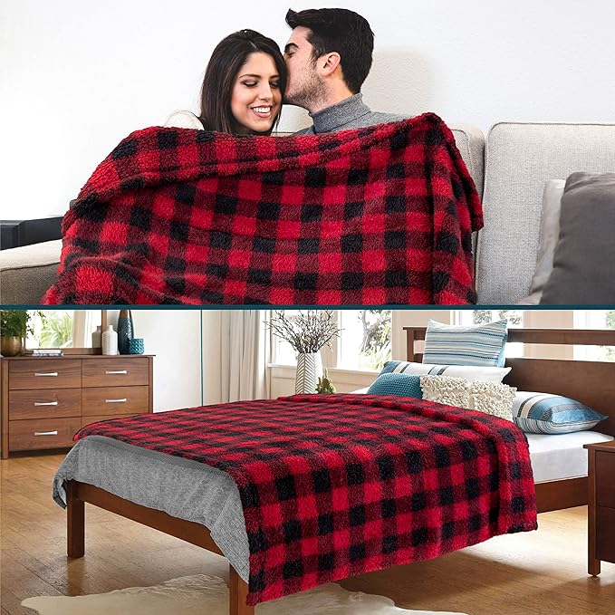 PAVILIA Sherpa Throw Blanket for Couch Sofa, Black Red Checkered Fluffy Warm Plush Blanket for Bed, Cozy Super Soft Lightweight Throw, Fuzzy Decorative Blanket, All Season Home, 50x60