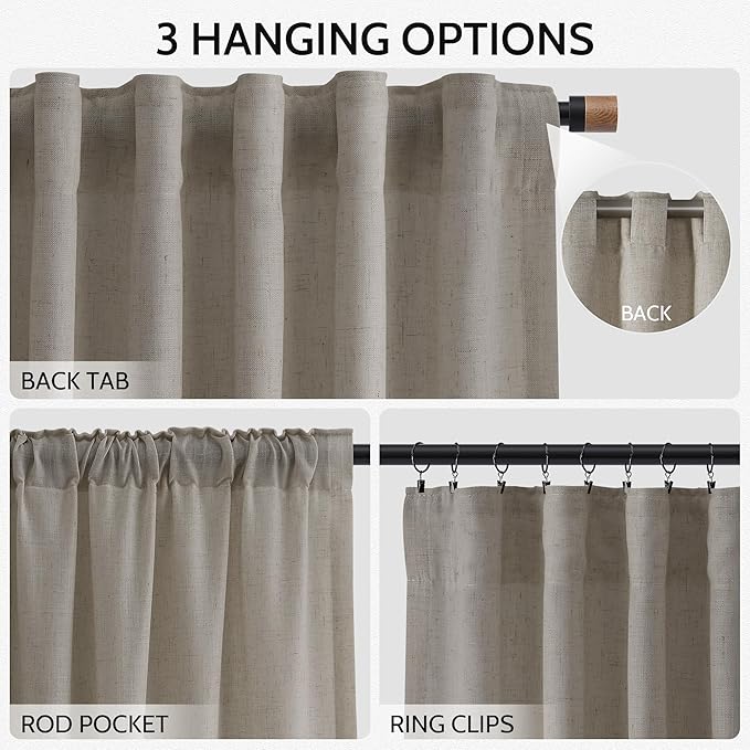 Nanspring Grey Beige Linen Curtains 84 Inches Long for Living Room Light Filtering Semi Sheer Curtain Back Tab Simple Modern Elegant Neutral Luxury Boho Gray Drapes for Bedroom 52x84, 2 Panels