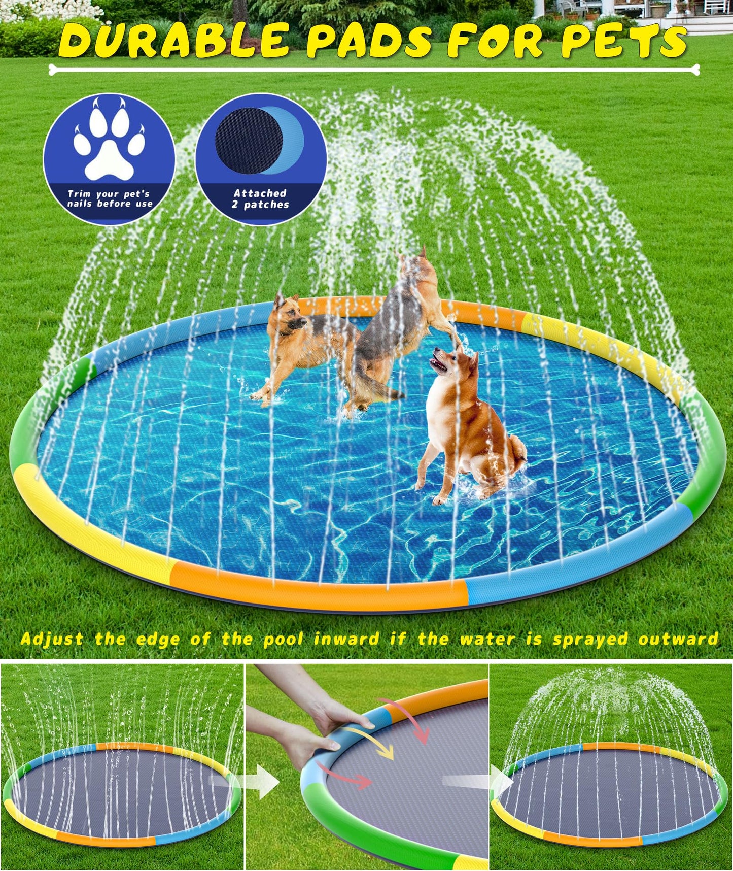 EPN Splash Pad, 13FT Size Extra Large Sprinkler Play Mat for Dogs & Kids, Thicker Pool Summer Outdoor Water Toys Fountain Pad for 3+ Children & Pets