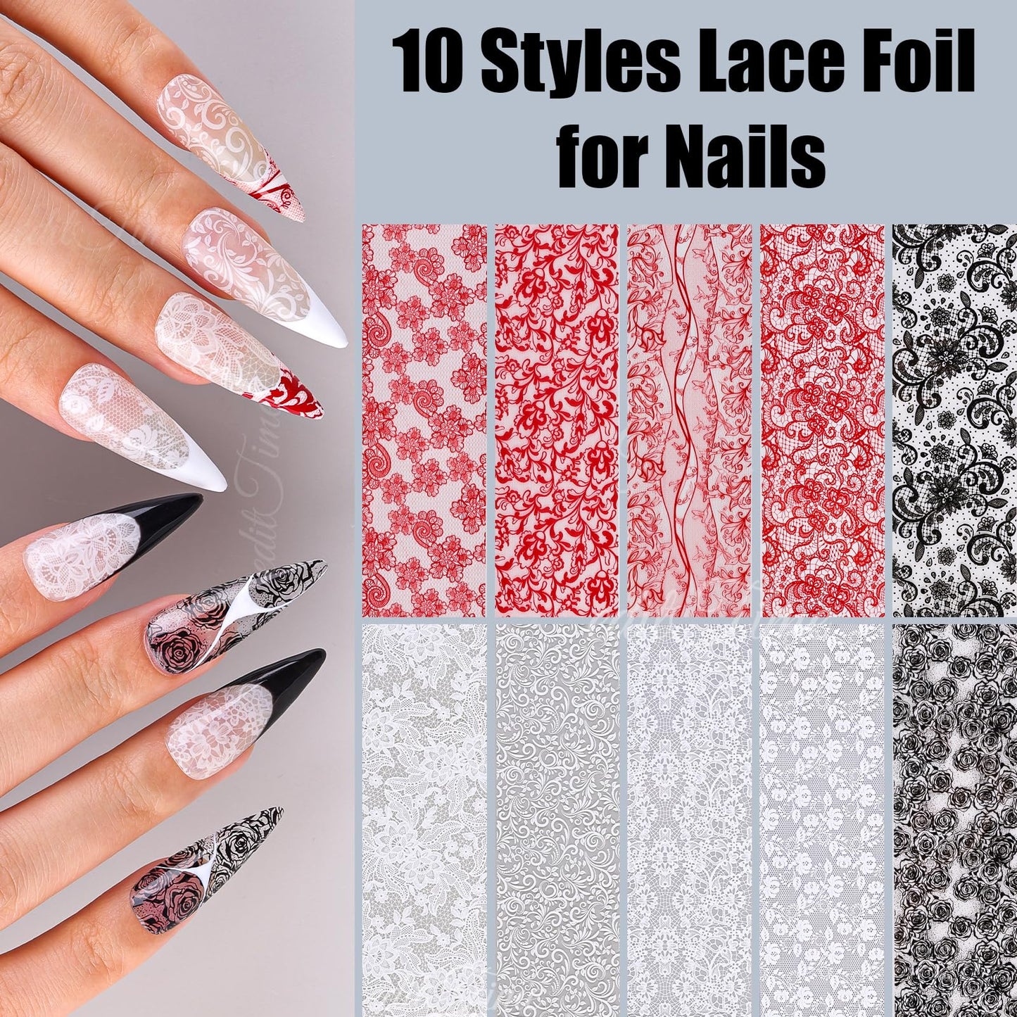 Lace Nail Foil Transfer Sheets, 10 Rolls Black White Red Flower Nail Art Transfer Foils Decals, Flower Nail Art Foils Decals Holographic Foils for Nails Manicure DIY (10 Rolls Red+Black+White)