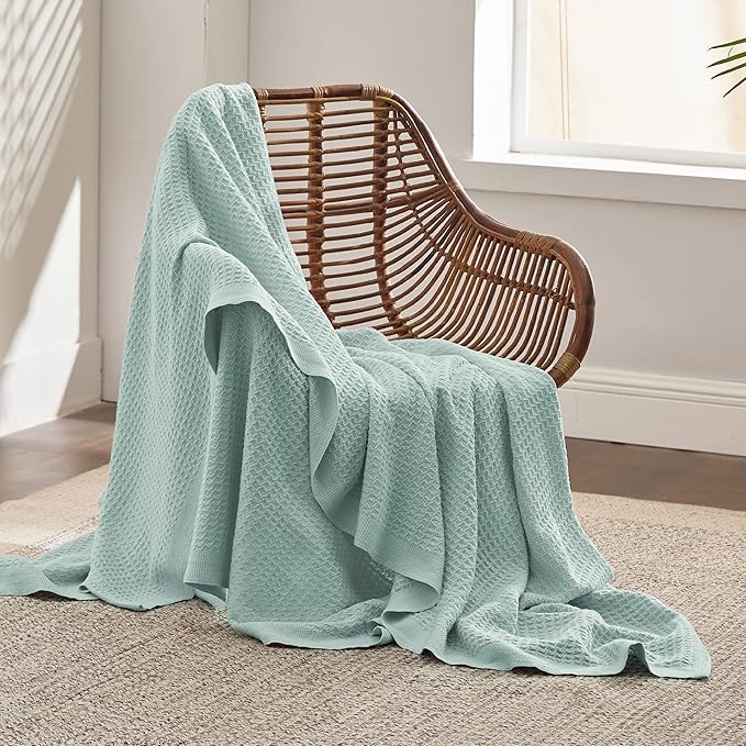 Bedsure 100% Cotton Blanket Twin XL Size for Bed - Breathable and Soft, Waffle Weave Blanket for Summer Spring, Mint, 66x90 inches
