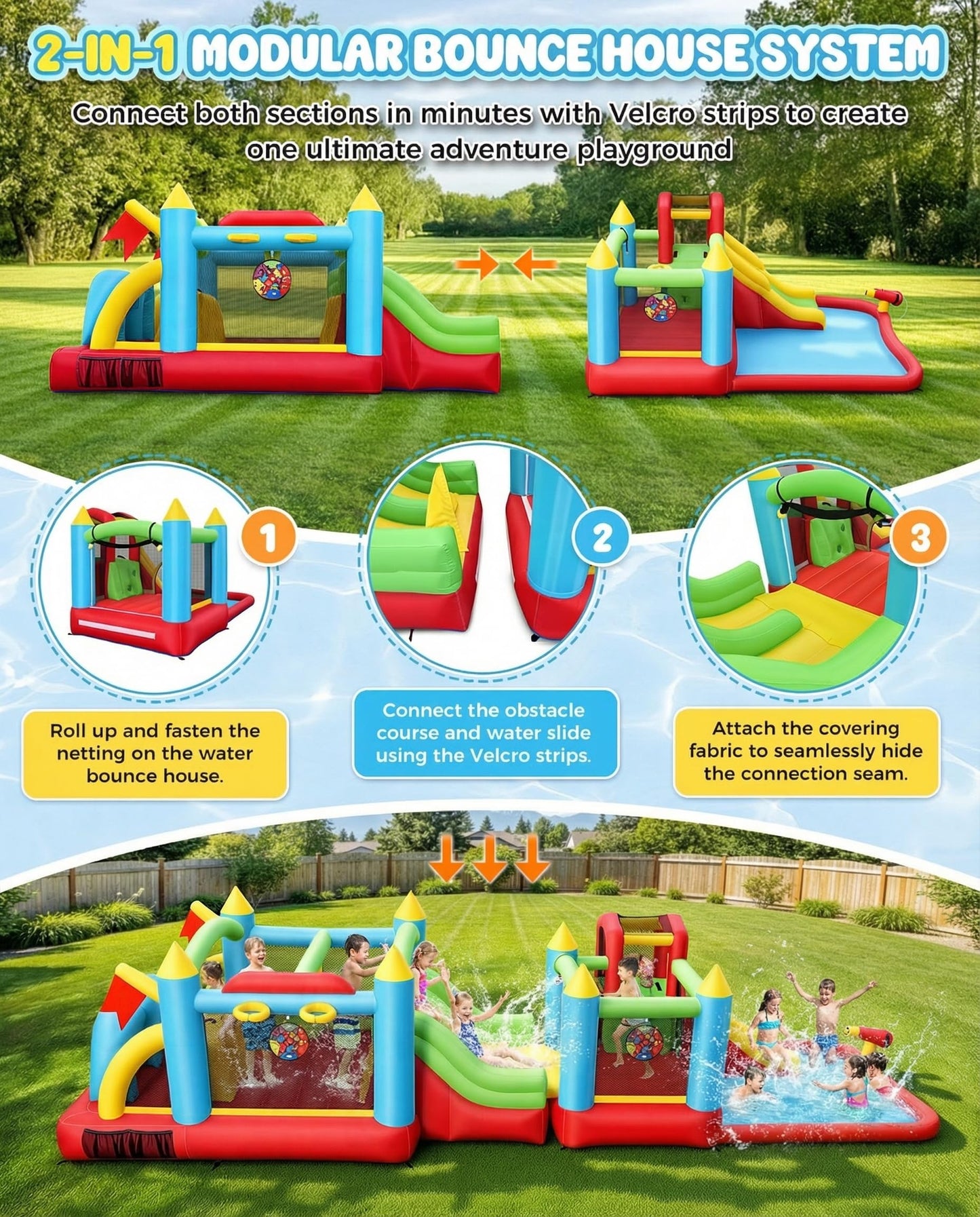 Giant 29FT Wate Slide Bounce House Detachable (15.3+13.5FT) Combo, Obstacle Course & Waterslide, Tunnel/Jumping Area/Spalish Pool, Bouncy Castle for Summer Fun, Inflatable Water Park Holds 10 Kids