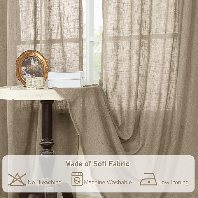 LAMIT Taupe Linen Curtains for Living Room 84 inch Length 2 Panels, Light Filtering Semi Sheer Curtains Back Tab and Rod Pocket Farmhouse Drapes for Bedroom/Sliding Glass Door, 52 x 84 Inch