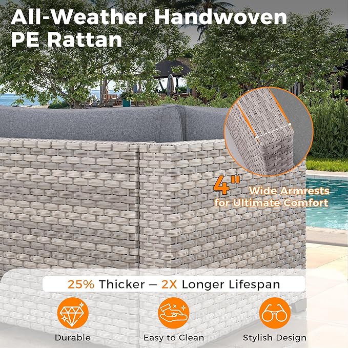 10-Seat Modern Patio Furniture Set with Swivel Rocking Chairs, Thick 4″ Cushions, Dual-Strand Wicker Rattan, Rust-Resistant Steel Frame – Outdoor Conversation & Modular Sectional,Gray